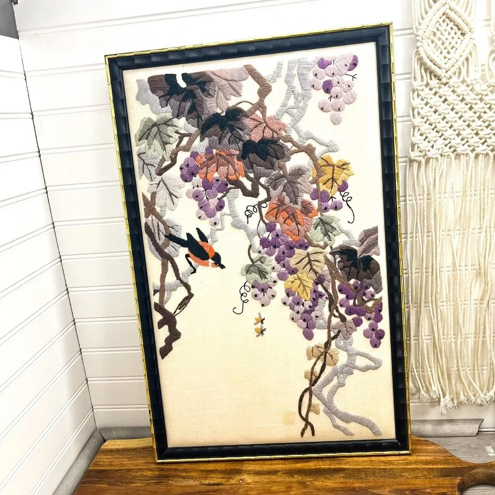 Vintage Framed Floral Needlepoint: Bird & Grape Embroidery Wall Art - Picture 3 of 9